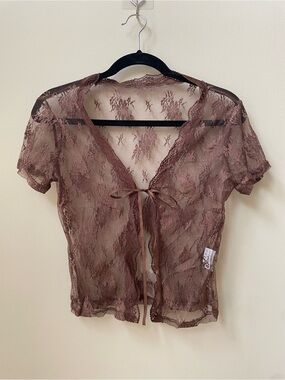 Sheer Brown Lace Tie-Front Top